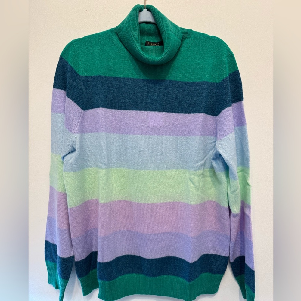 Charter Club Women's Striped Cashmere Turtleneck Sweater Peacock Green Combo - Picture 6 of 7